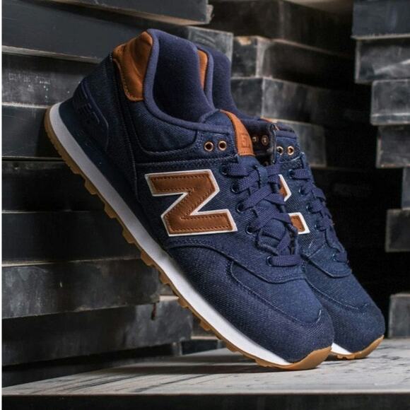 New Balance Men's 574 Classics 15 Ounce Canvas Denim Black Brown Sneakers